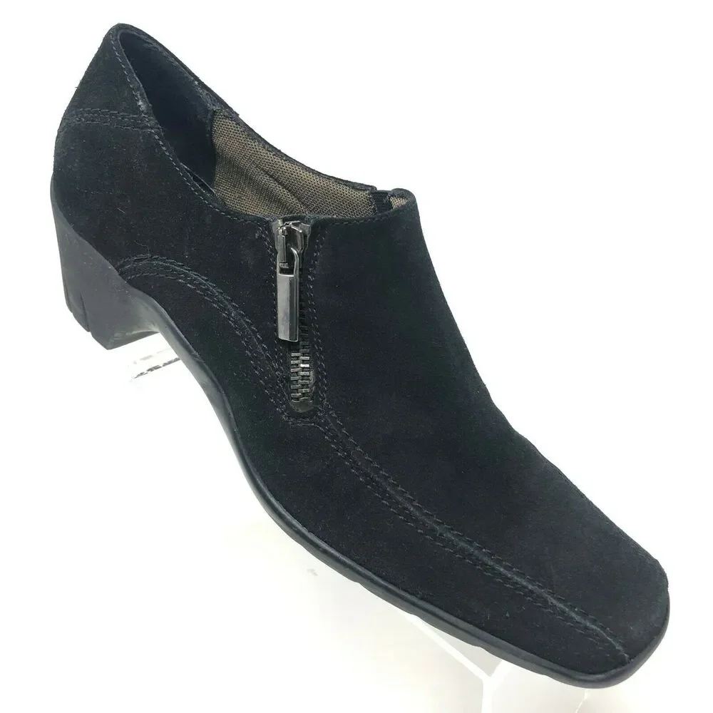 Aquatalia Square‎ Toe Heel Loafer Womens 9 Black Suede Side Zip Stitched Italy